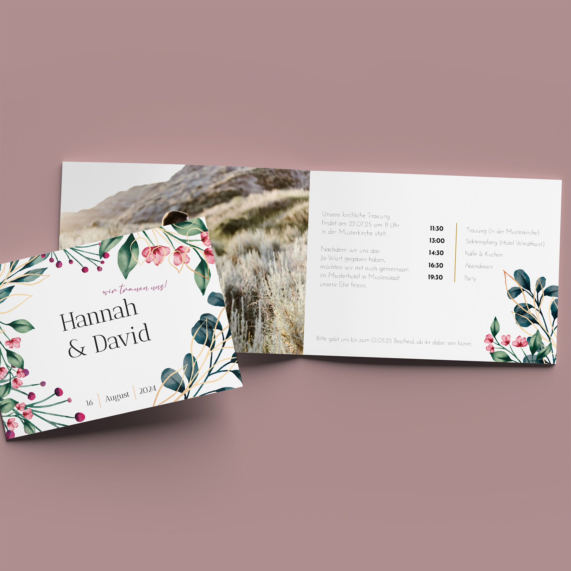 Klappkarte DIN A6 im Querformat - Floral "Pink Garden"