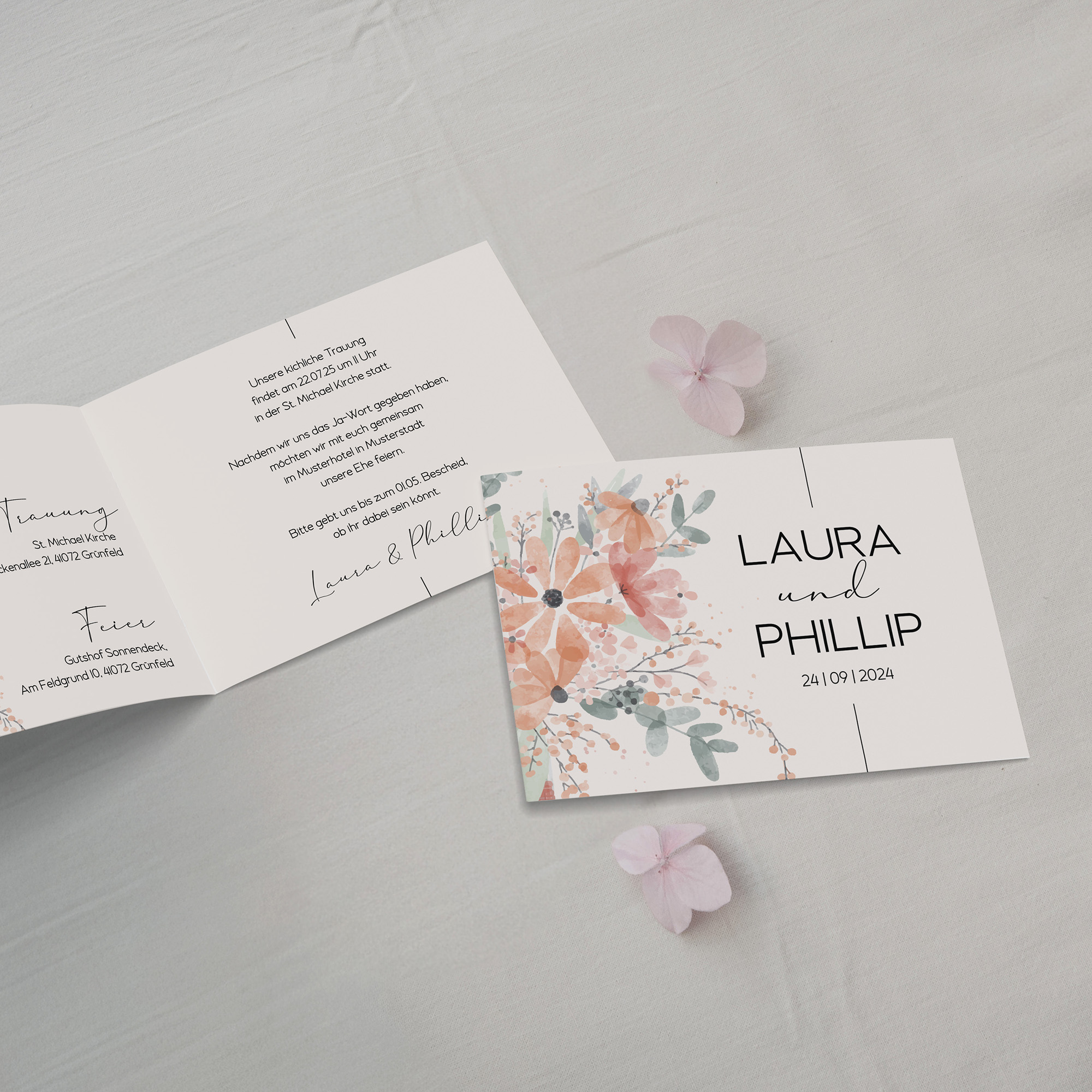 Klappkarte DIN A6 im Querformat - Aquarell "terracotta bloom"