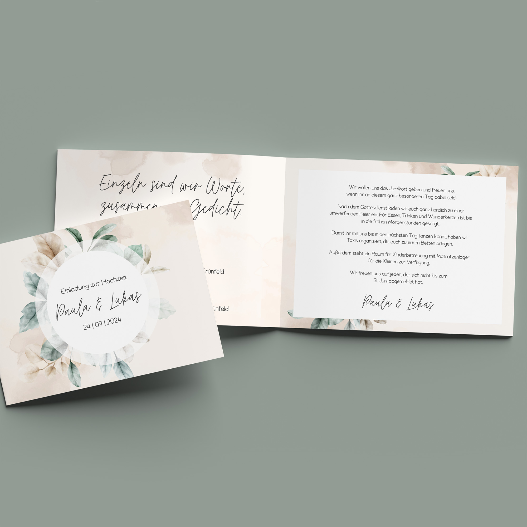 Klappkarte DIN A6 im Querformat - Aquarell "leaf & taupe"