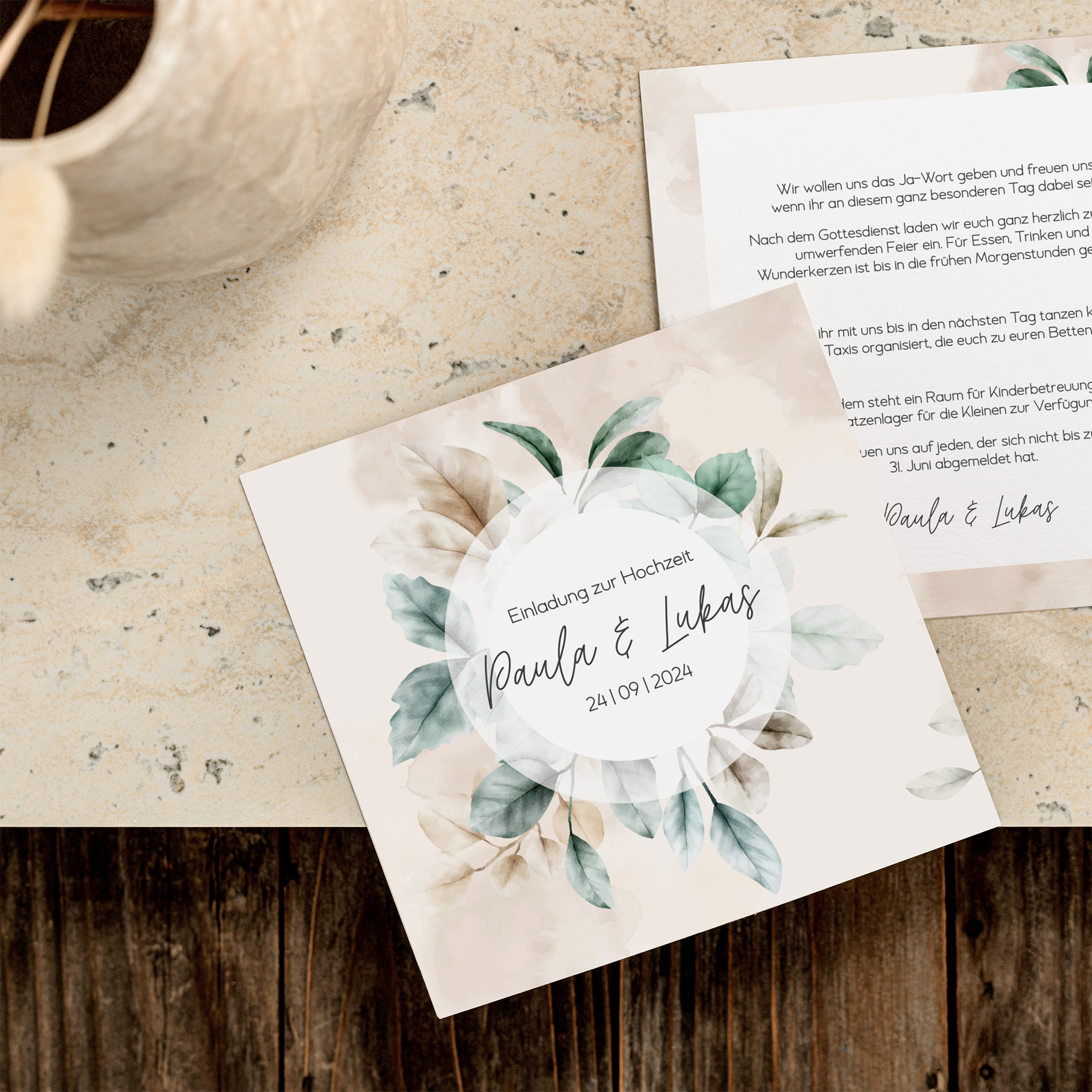 Postkarte Quadrat - Aquarell "leaf & taupe"