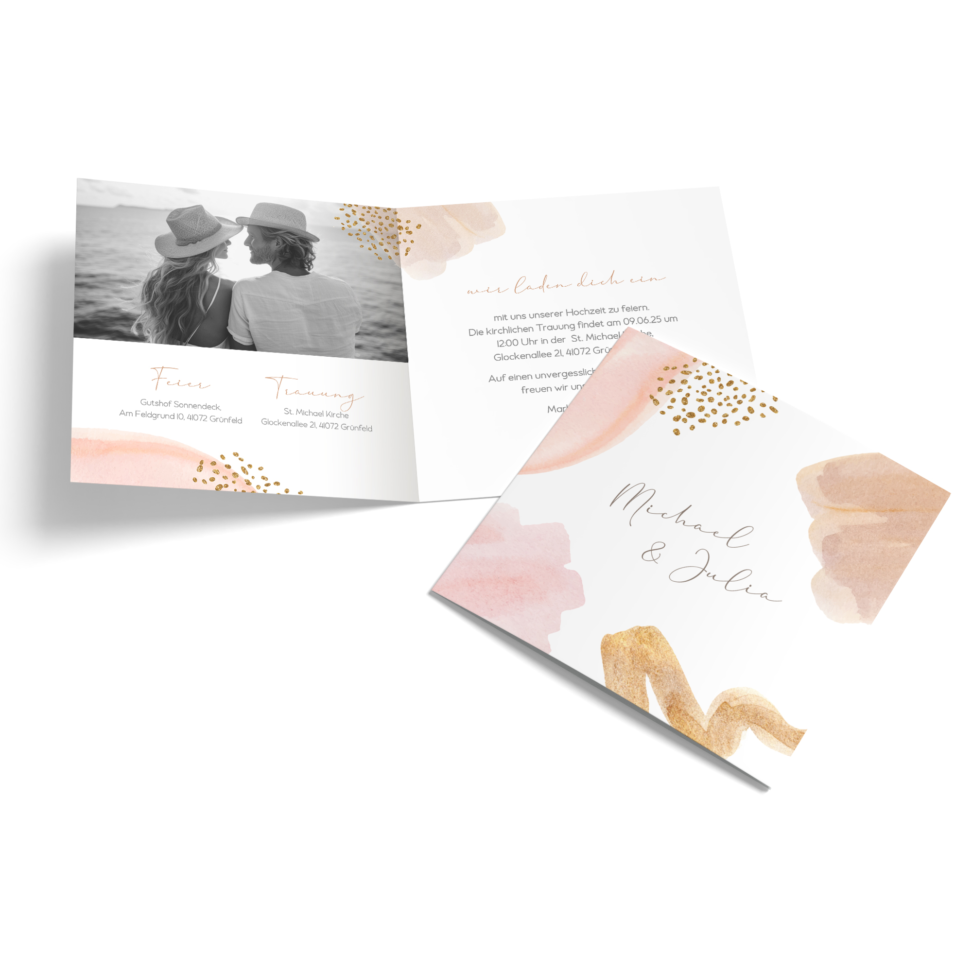 Klappkarte Quadratisch 148 x 148 mm - Aquarell - "Golden Blus"