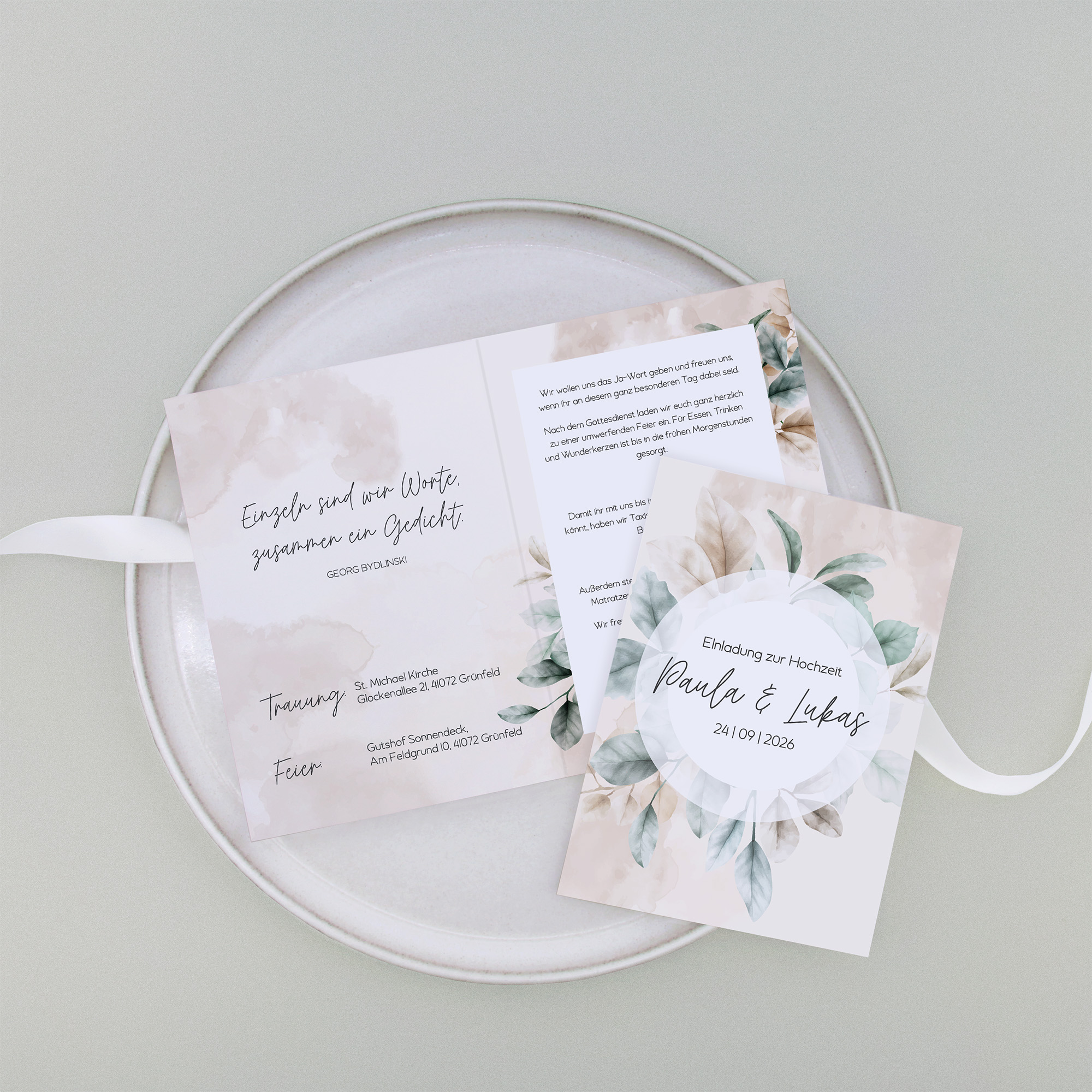 Klappkarte DIN A6 im Hochformat -Aquarell "leaf & taupe"