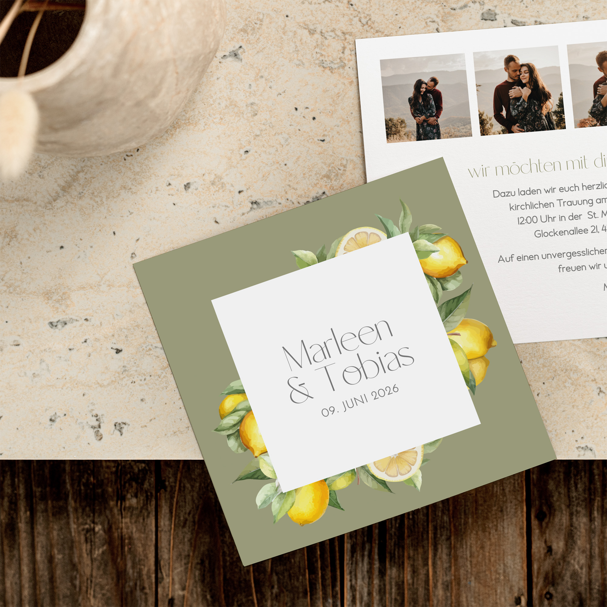 Postkarte Quadrat - Aquarell "Olive & Lemon"
