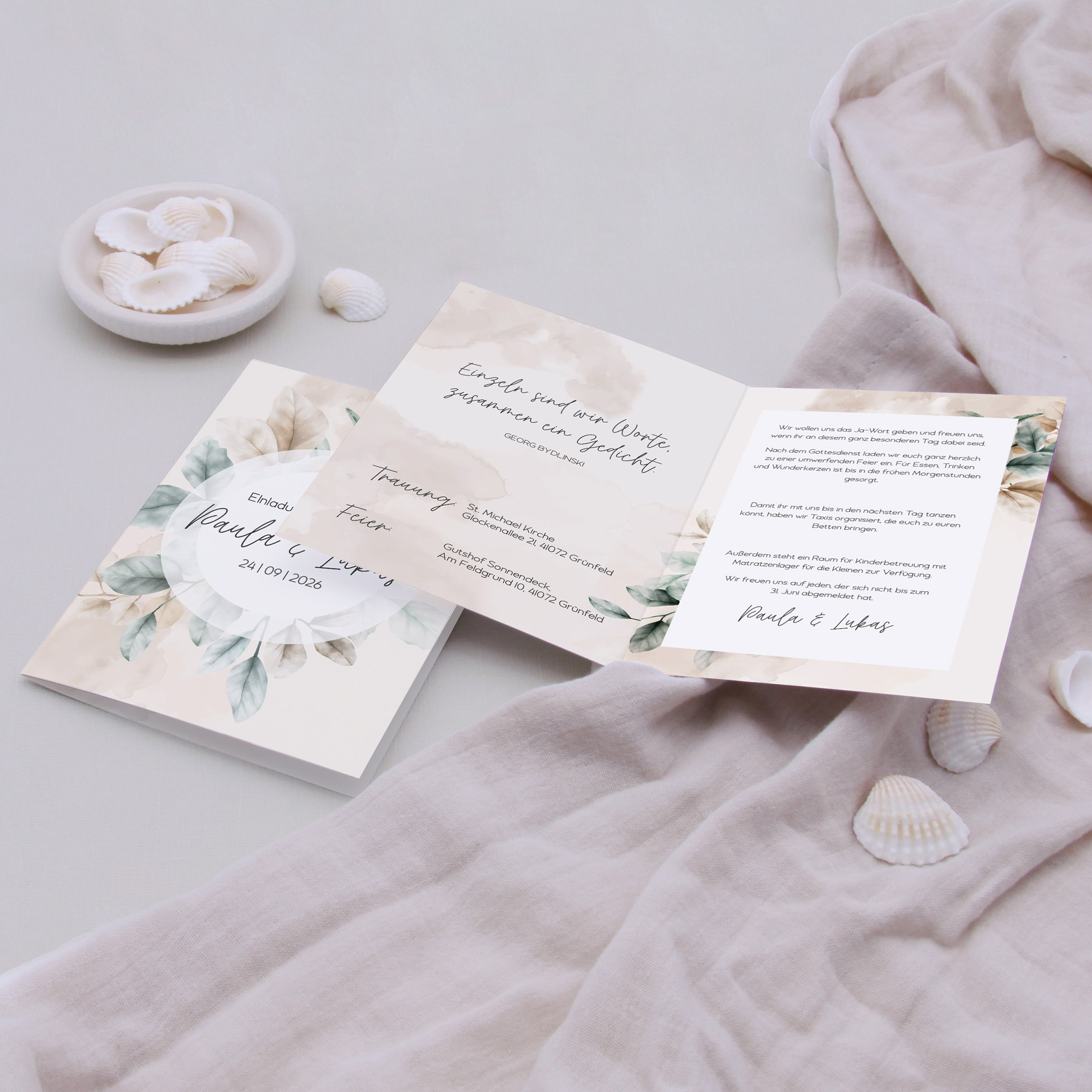 Klappkarte DIN A6 im Hochformat -Aquarell "leaf & taupe"