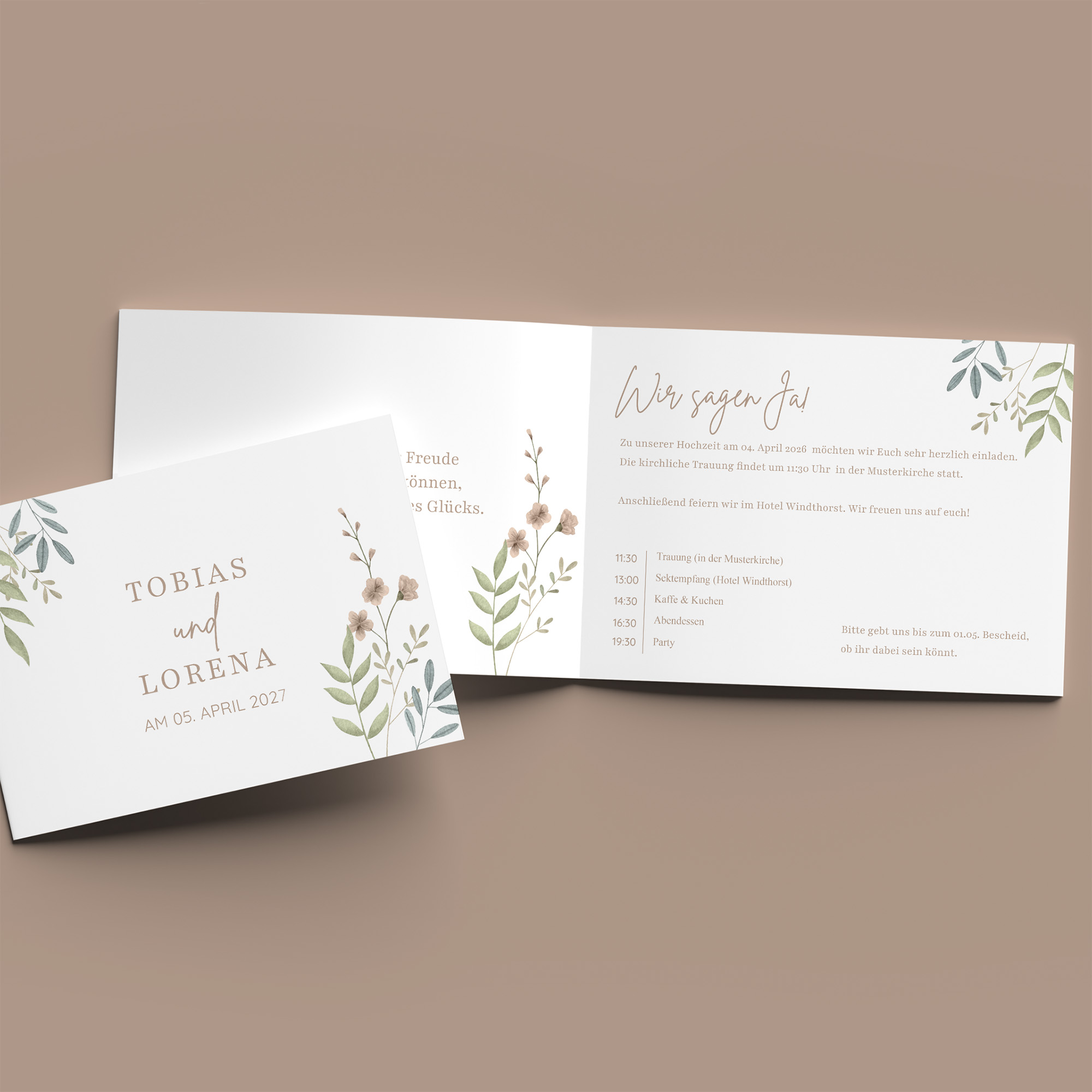 Klappkarte DIN A6 im Querformat - Boho "Soft Leaves"