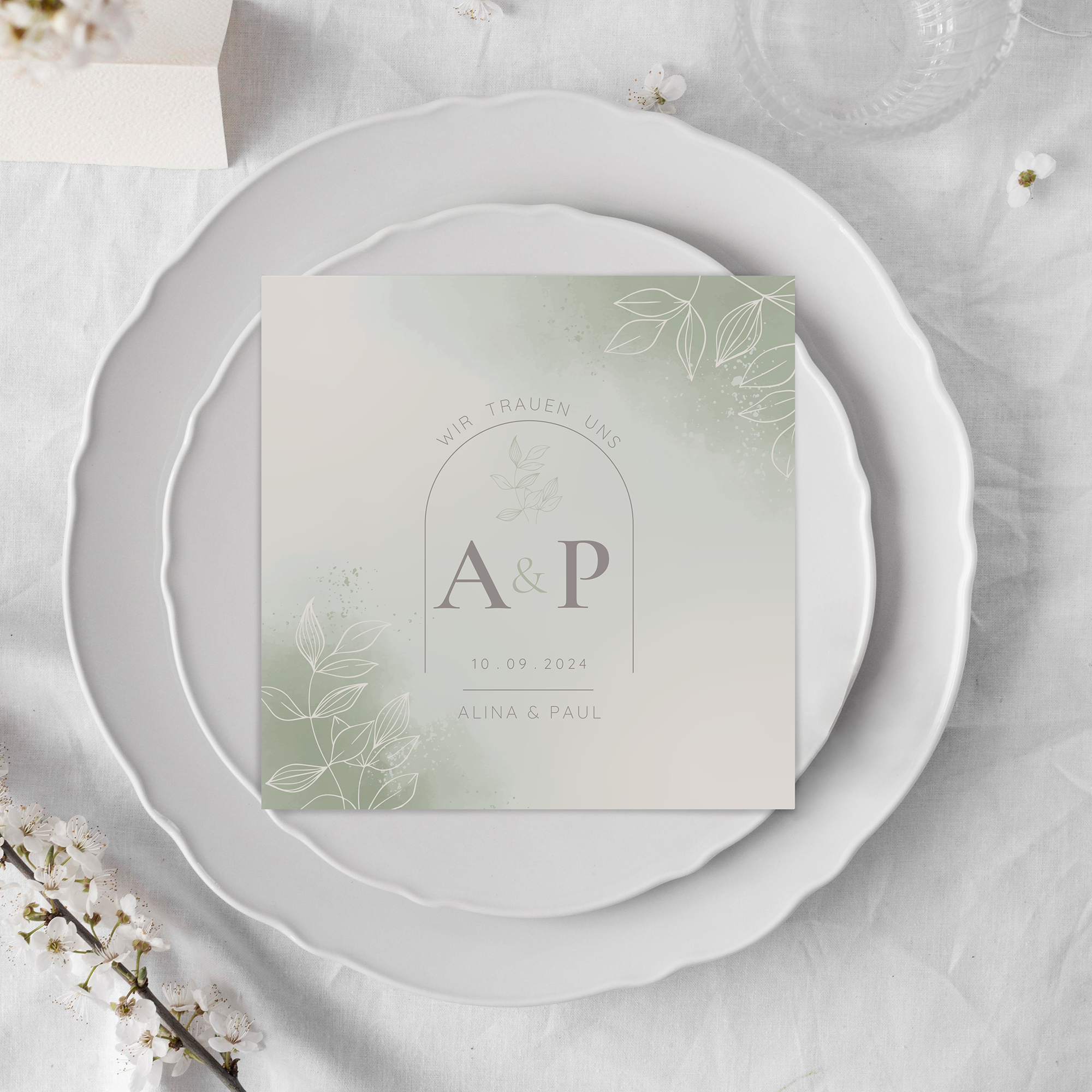 Postkarte Quadrat - Aquarell "faded green"