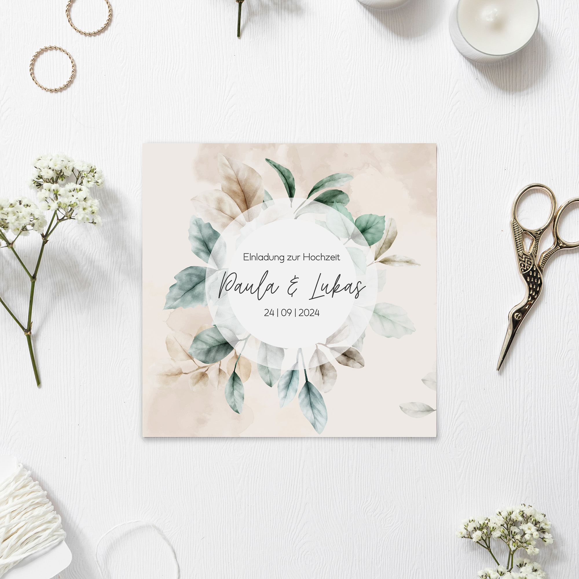 Postkarte Quadrat - Aquarell "leaf & taupe"