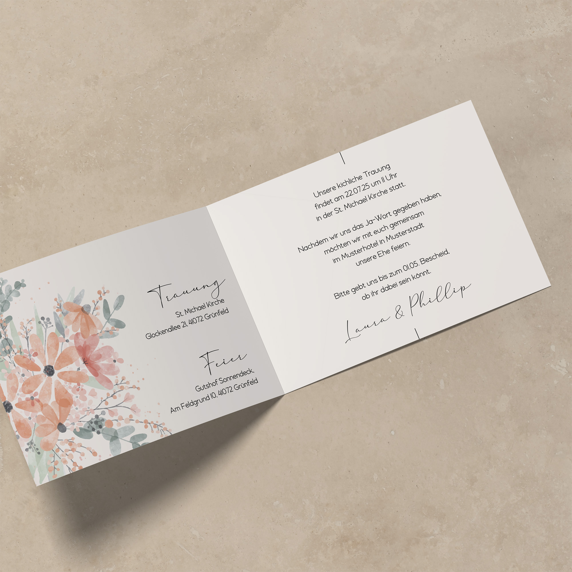 Klappkarte DIN A6 im Querformat - Aquarell "terracotta bloom"