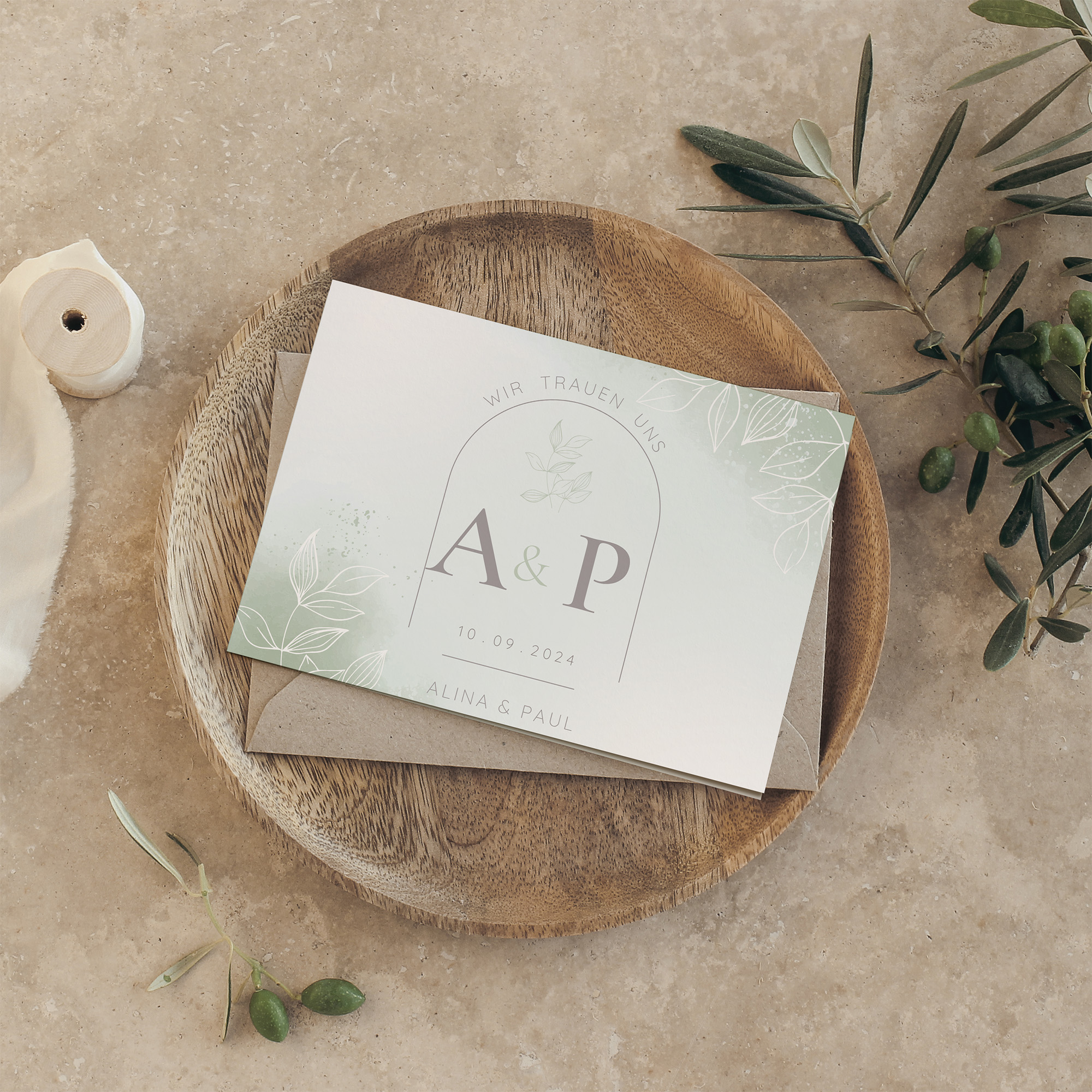 Klappkarte DIN A6 im Querformat - Aquarell "faded green"