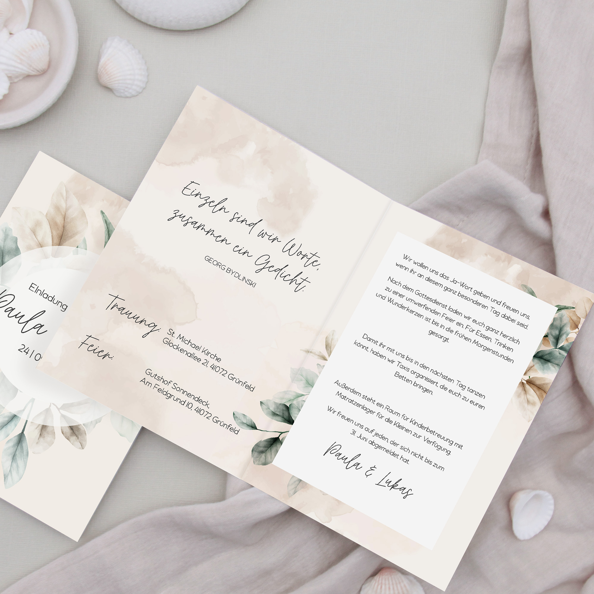 Klappkarte DIN A6 im Hochformat -Aquarell "leaf & taupe"