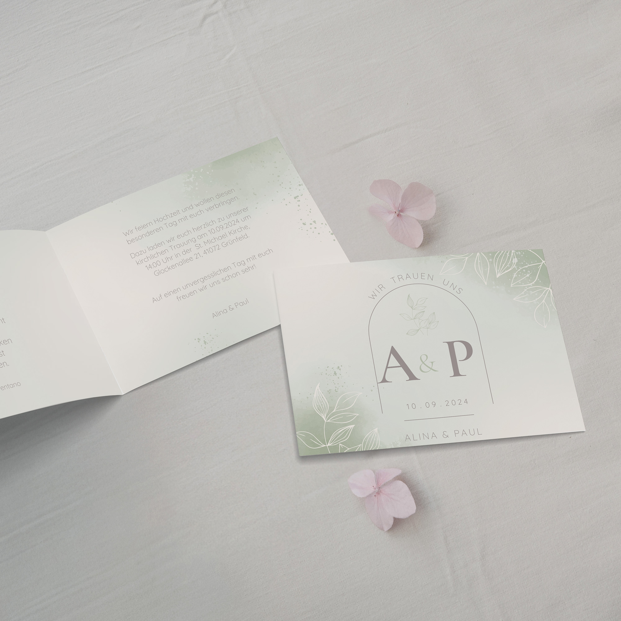 Klappkarte DIN A6 im Querformat - Aquarell "faded green"