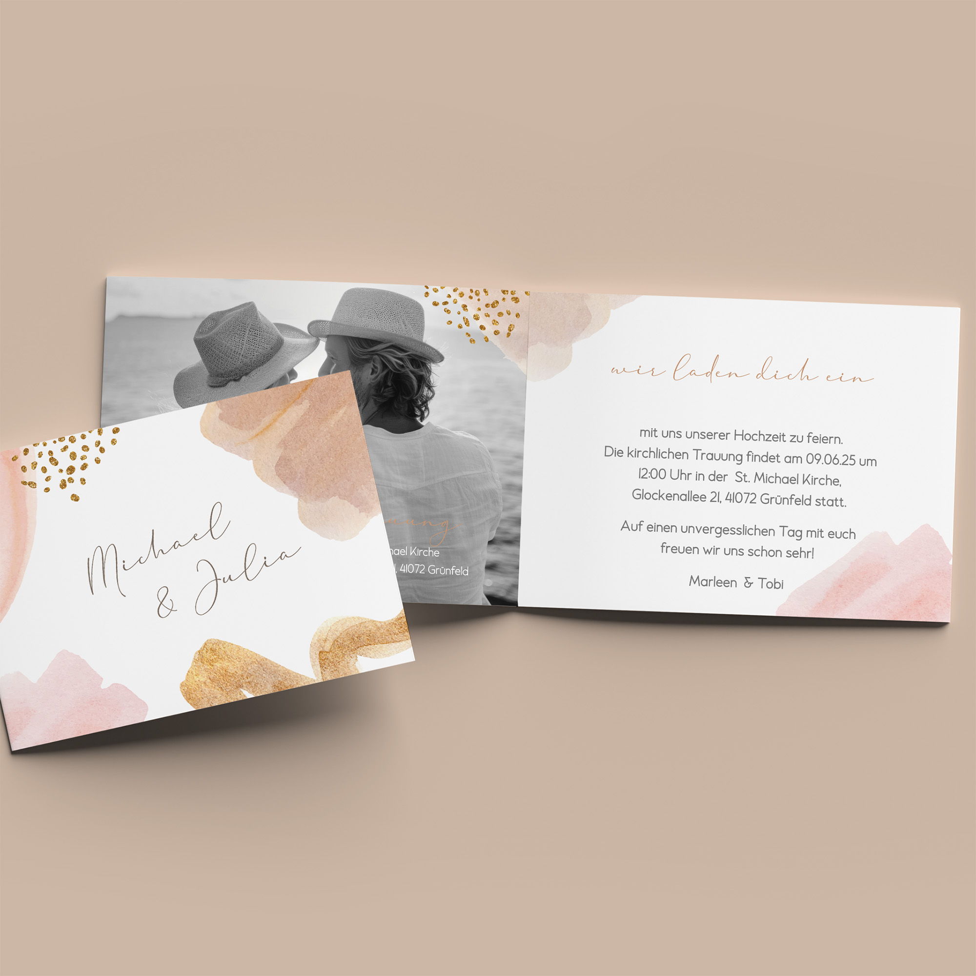 Klappkarte DIN A6 im Querformat - Aquarell "Golden Blush"