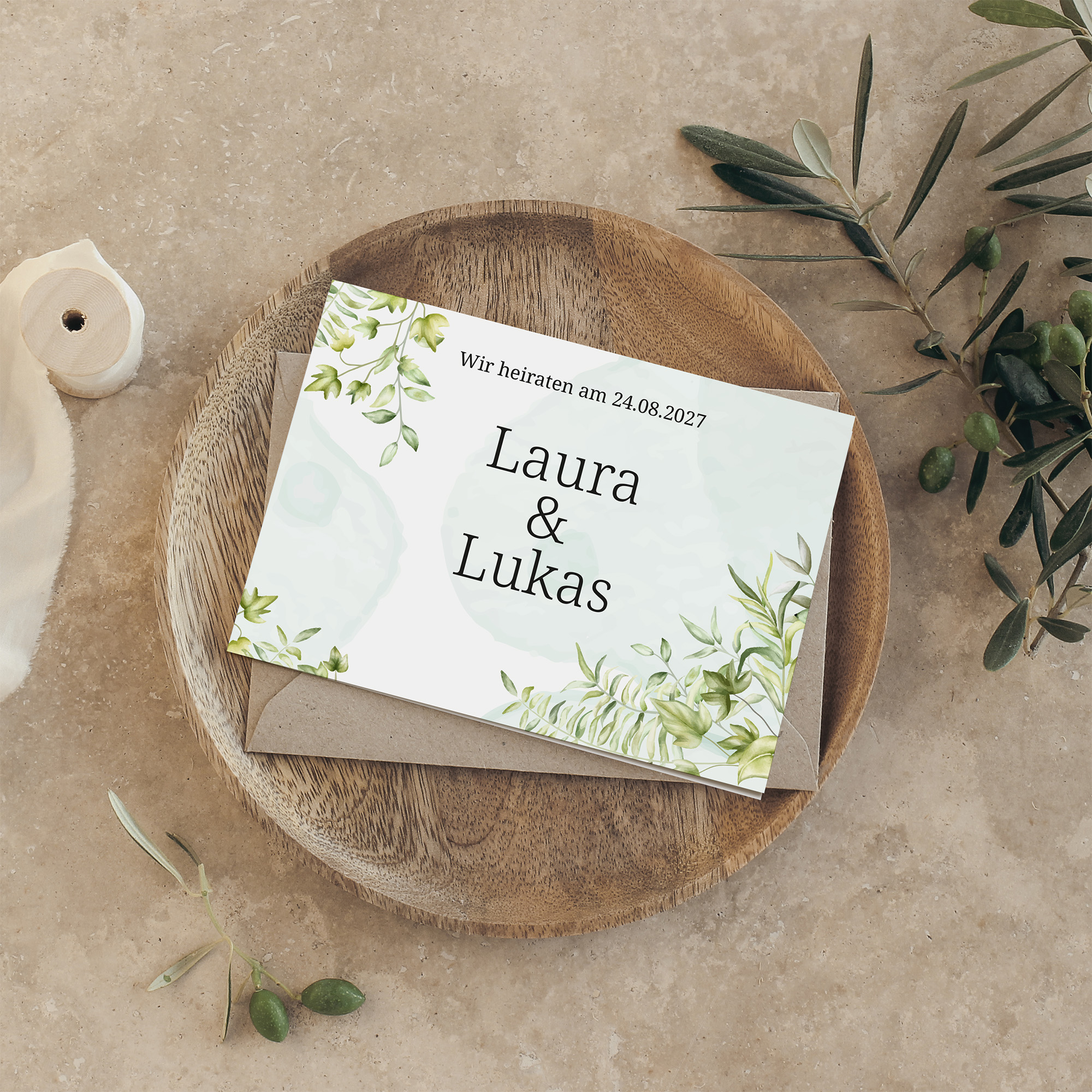 Klappkarte DIN A6 im Querformat - Greenery "leaf light"