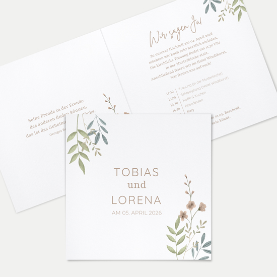 Klappkarte Quadratisch 148 x 148 mm - Boho "Soft Leaves"