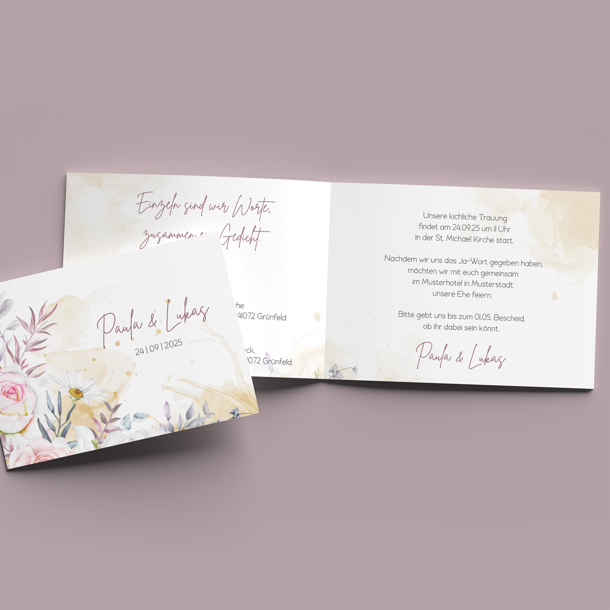 Klappkarte DIN A6 im Querformat - Aquarell "lily & rose"