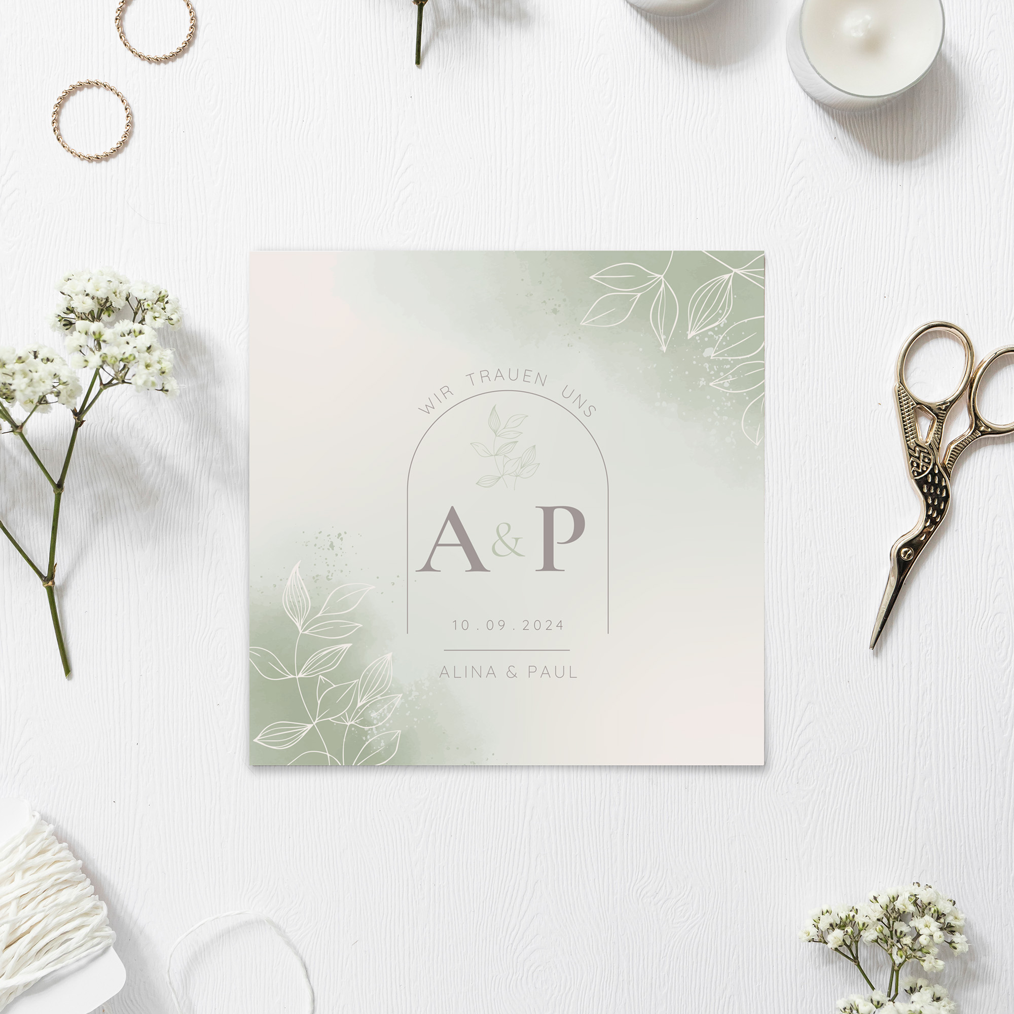 Postkarte Quadrat - Aquarell "faded green"