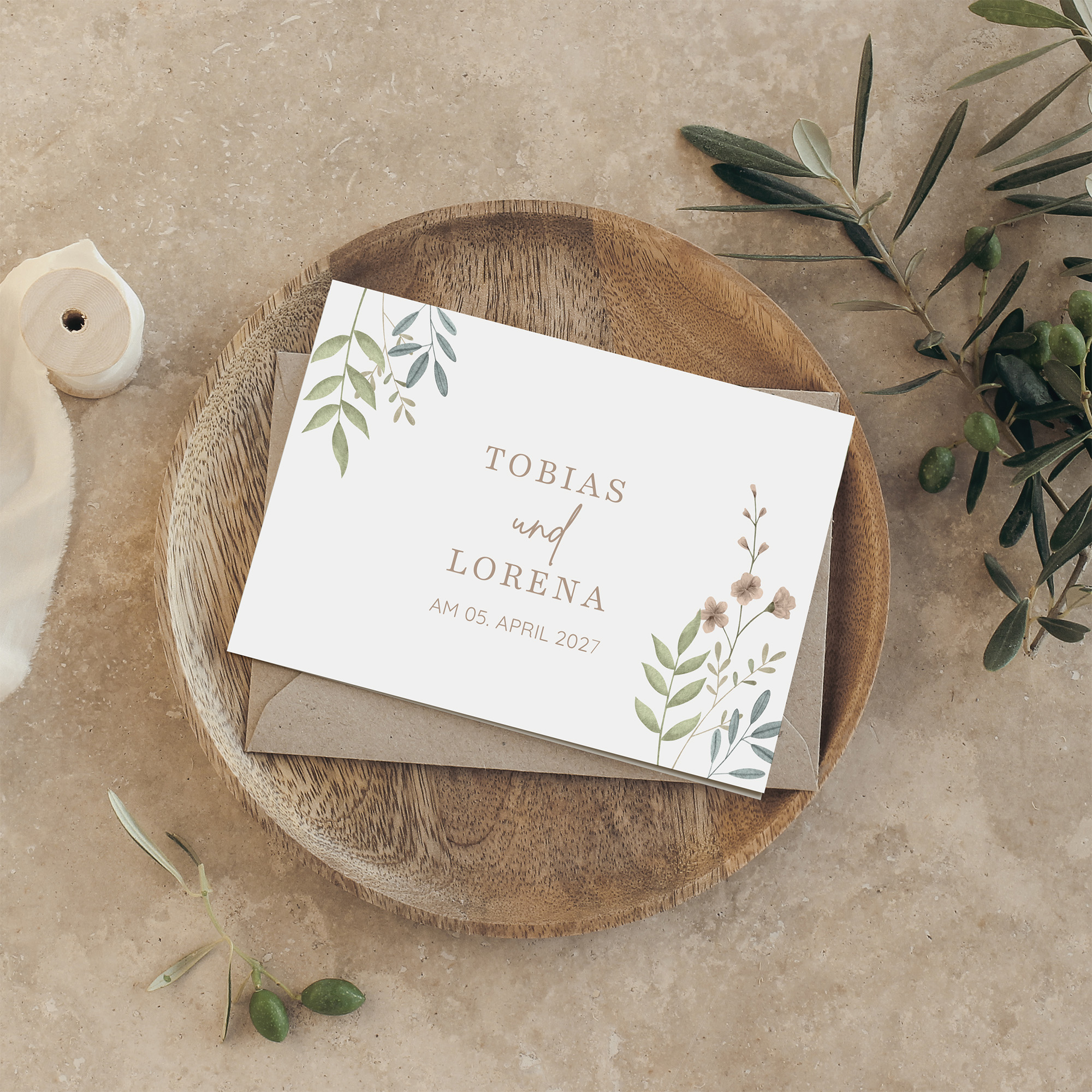 Klappkarte DIN A6 im Querformat - Boho "Soft Leaves"