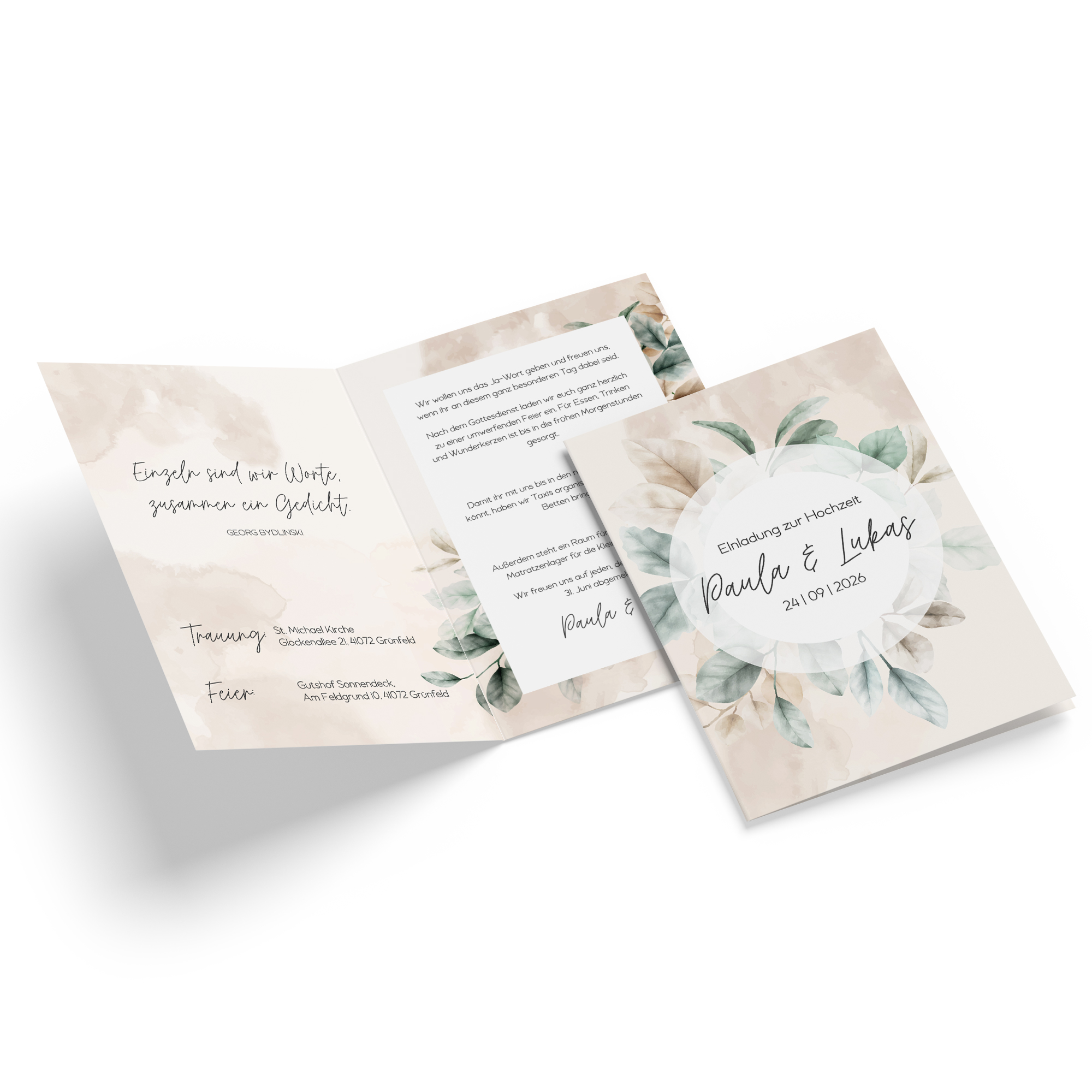 Klappkarte DIN A6 im Hochformat -Aquarell "leaf & taupe"