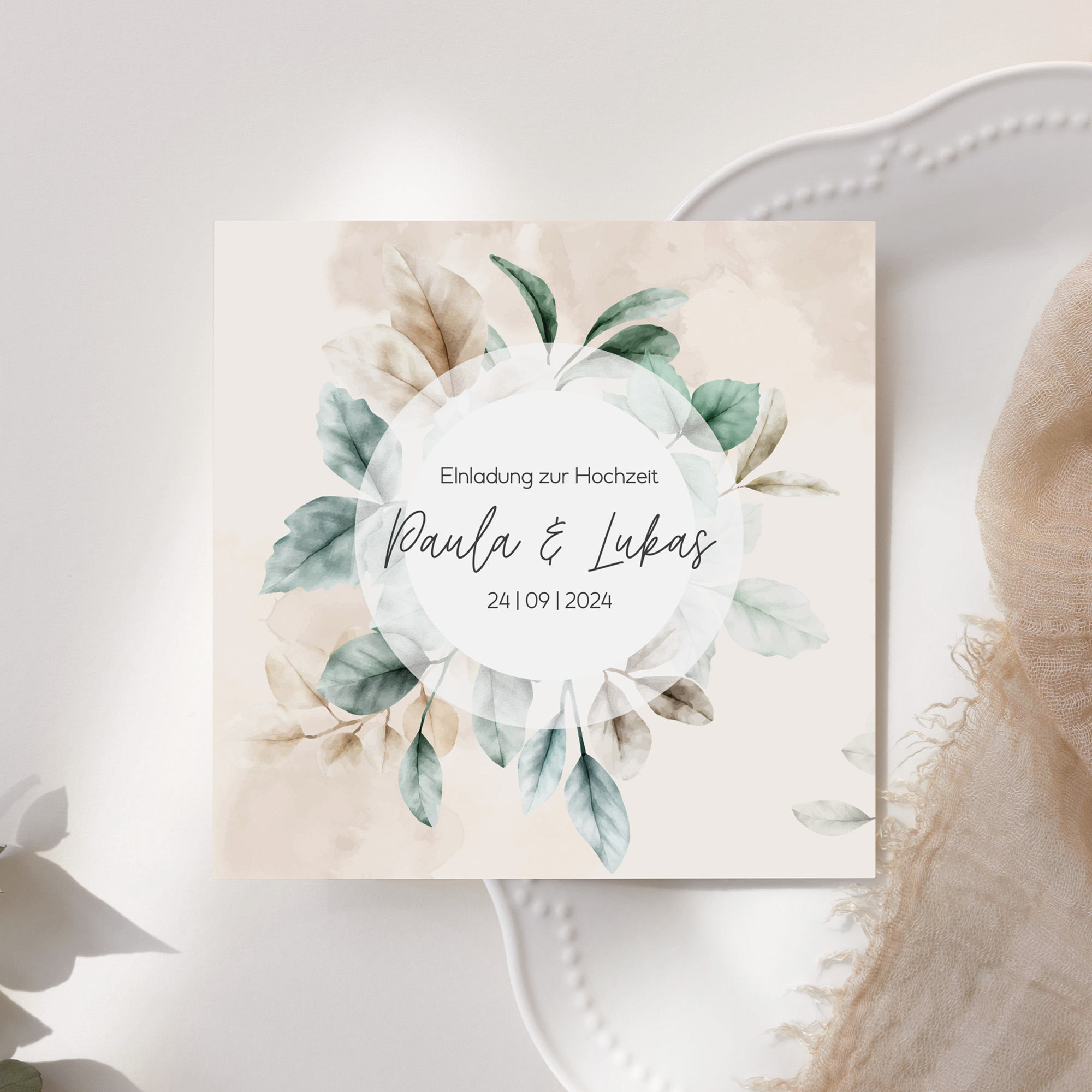 Postkarte Quadrat - Aquarell "leaf & taupe"