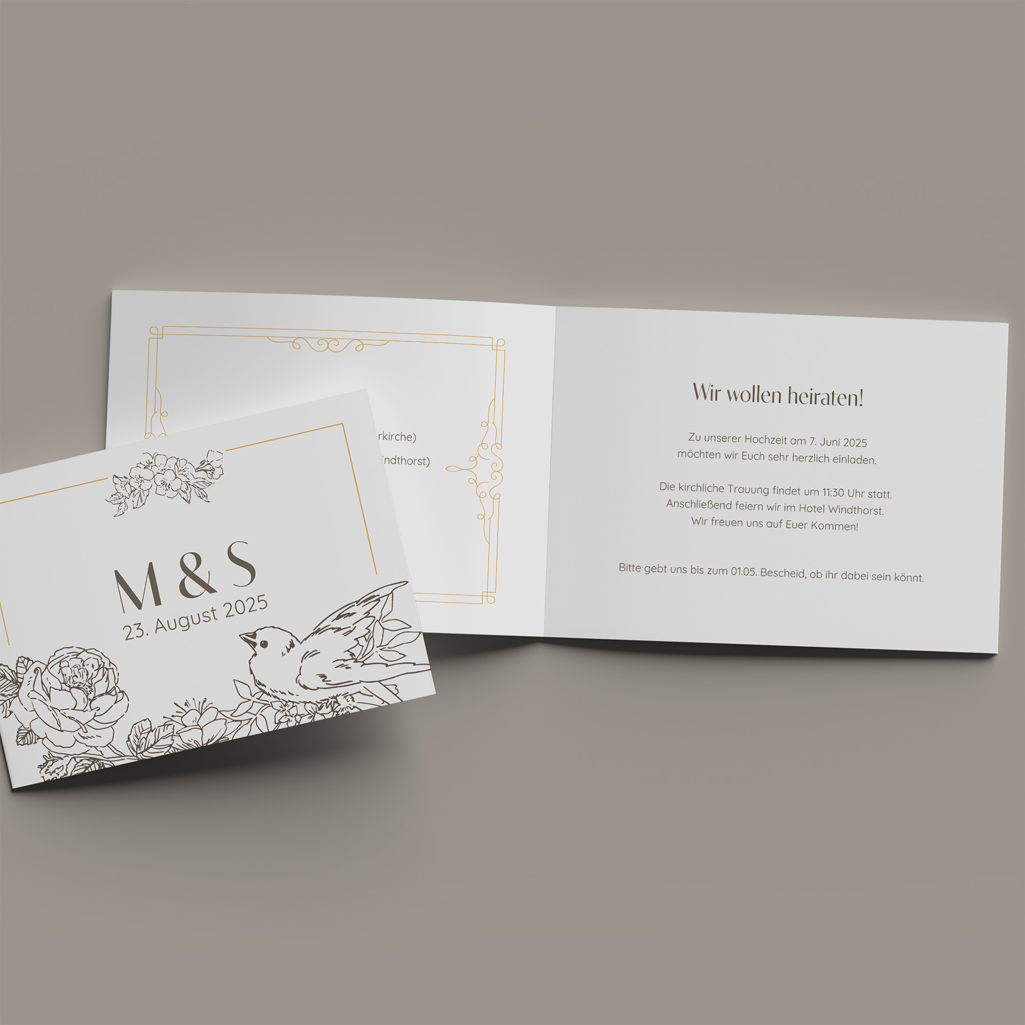 Klappkarte DIN A6 im Querformat - Vintage - "Petal Bird"