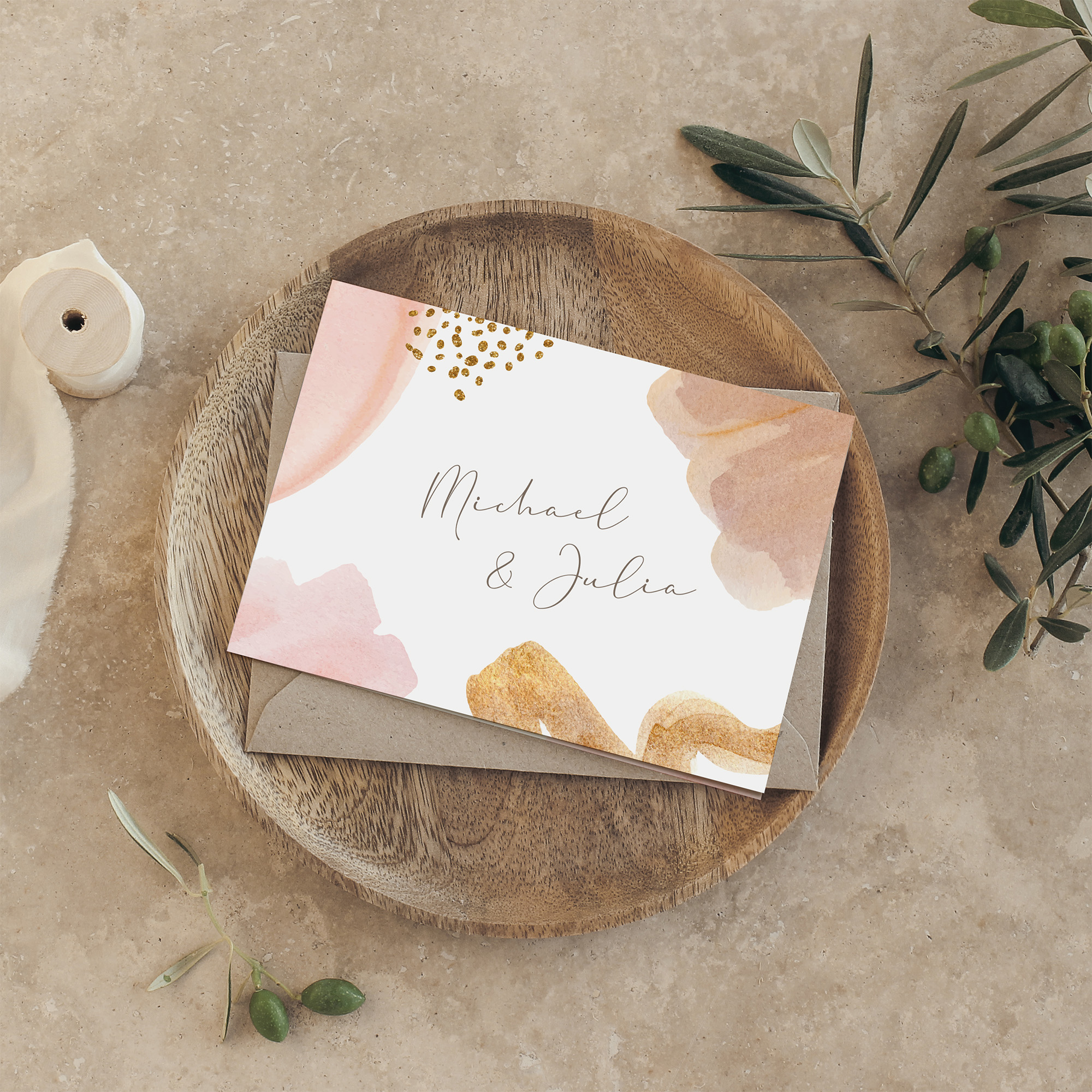 Klappkarte DIN A6 im Querformat - Aquarell "Golden Blush"