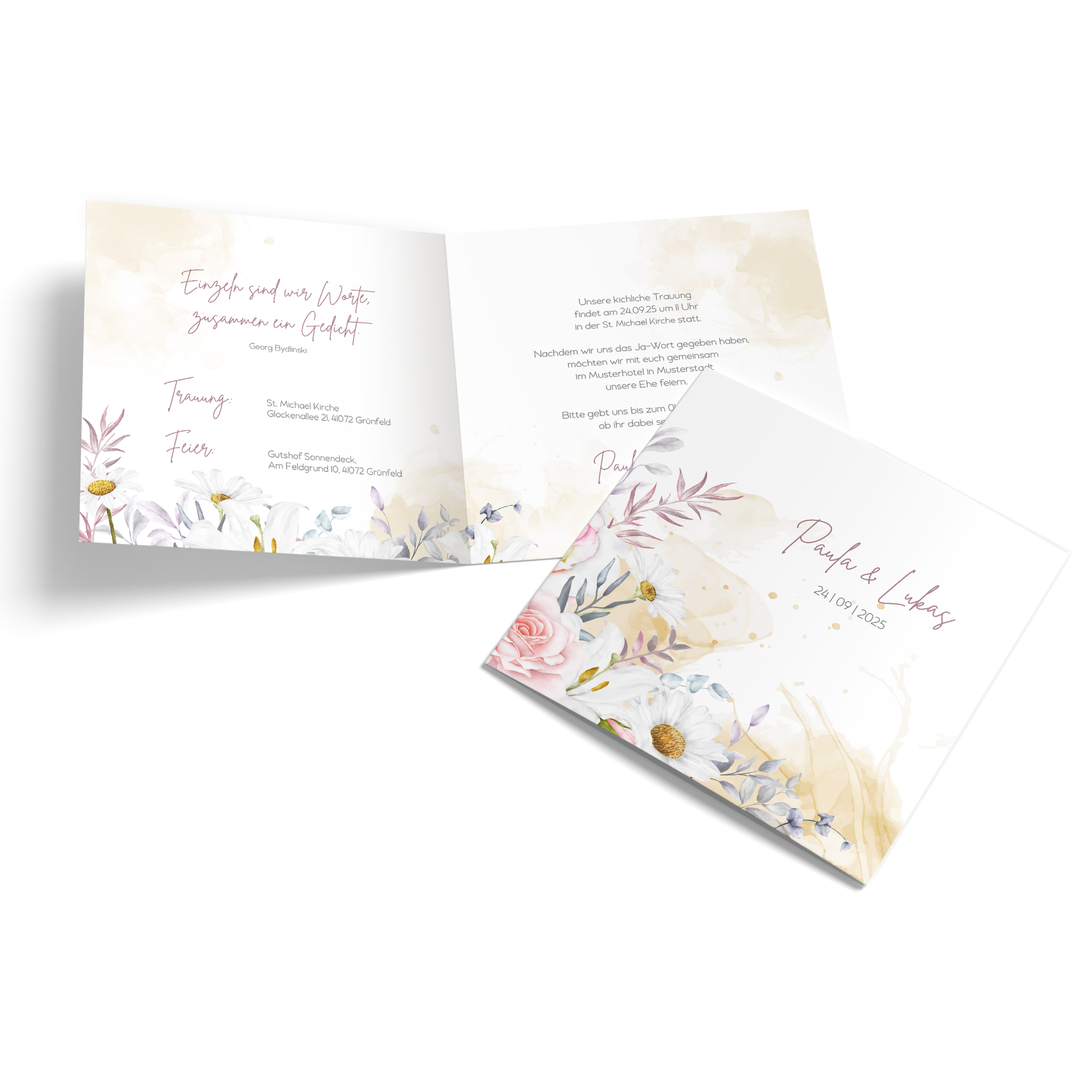 Klappkarte Quadratisch 148 x 148 mm - Aquarell - "lily & rose"