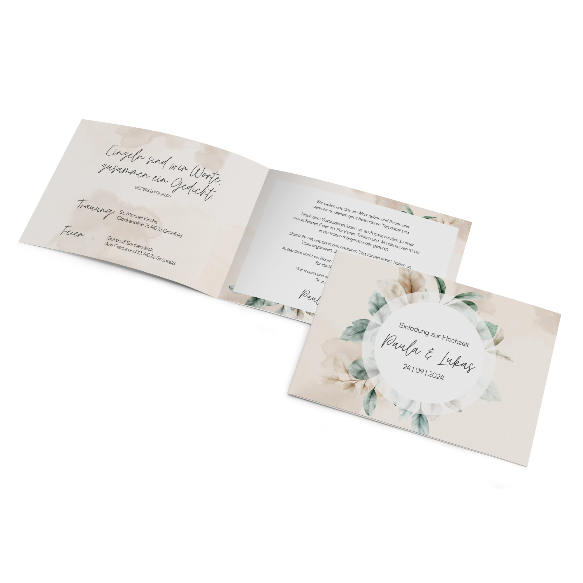 Klappkarte DIN A6 im Querformat - Aquarell "leaf & taupe"