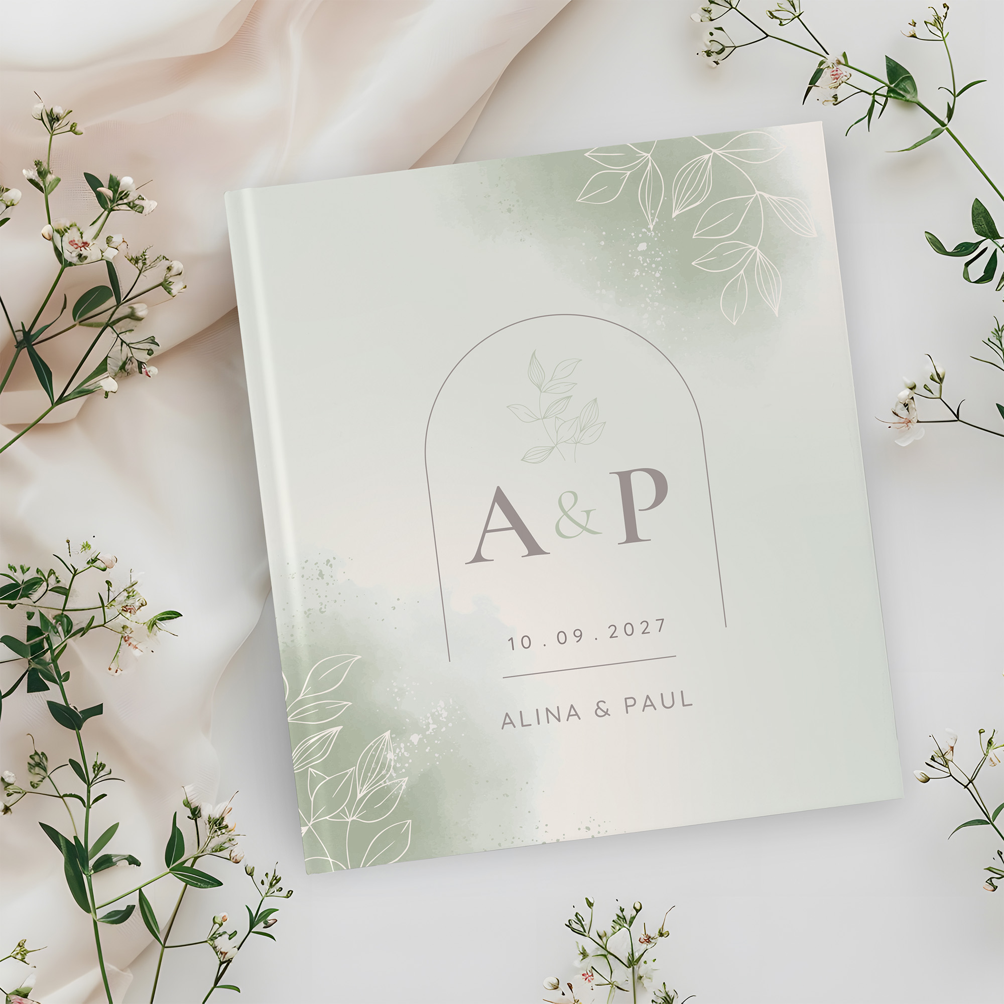 Erinnerungsbuch Hochzeit - Aquarell "faded green"