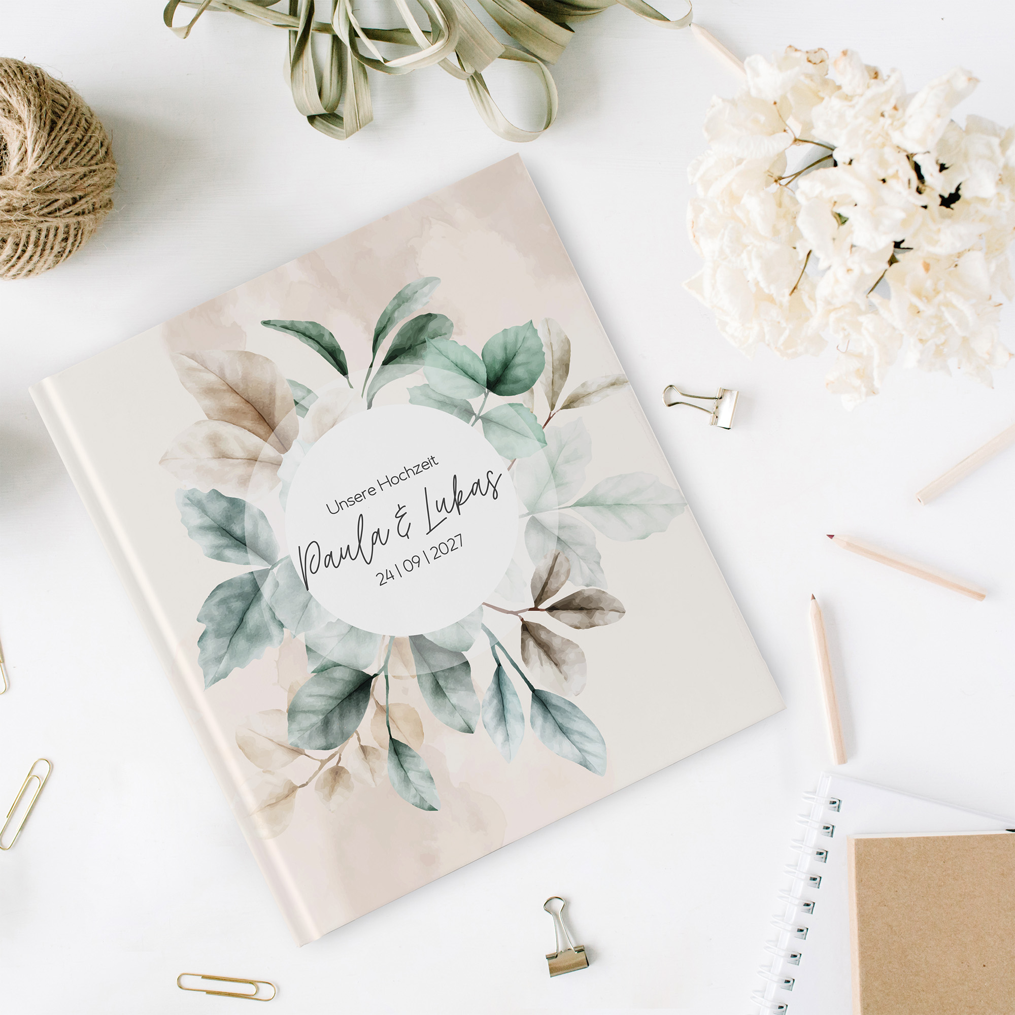 Erinnerungsbuch Hochzeit - Aquarell "leaf & taupe"