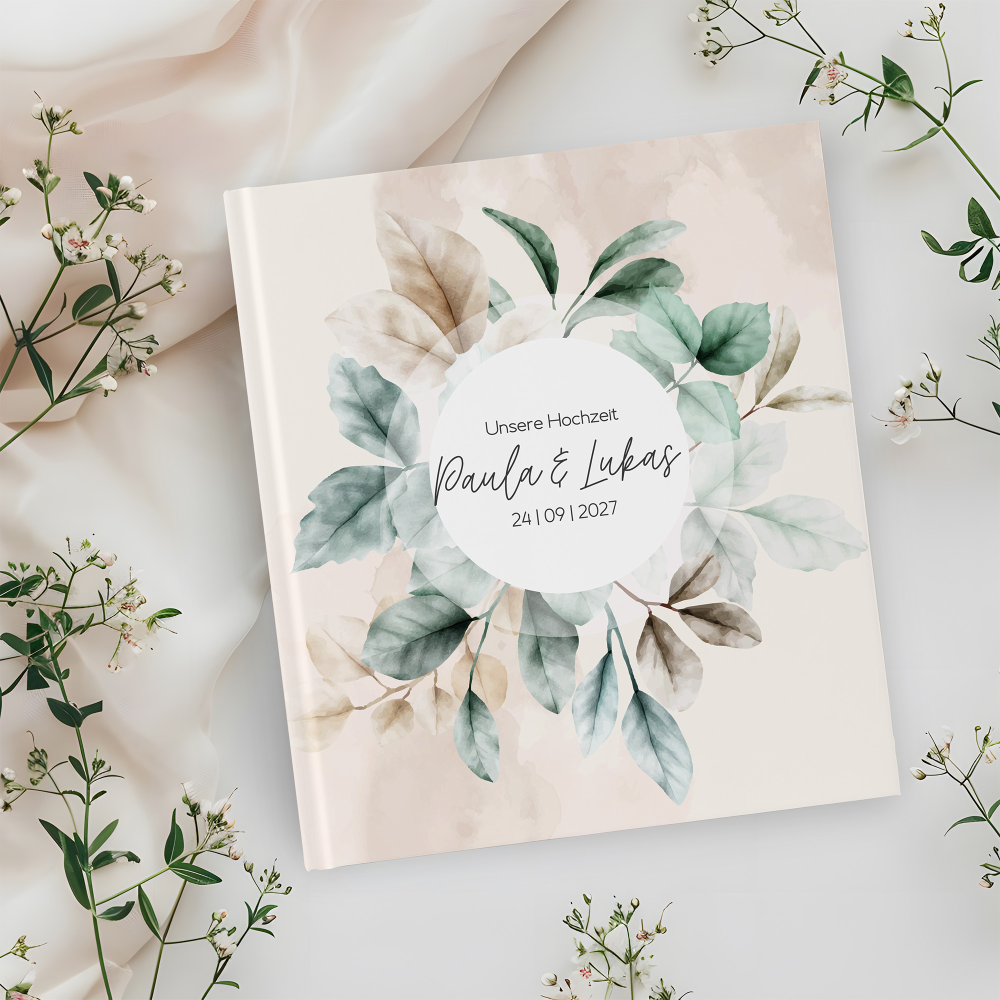 Erinnerungsbuch Hochzeit - Aquarell "leaf & taupe"