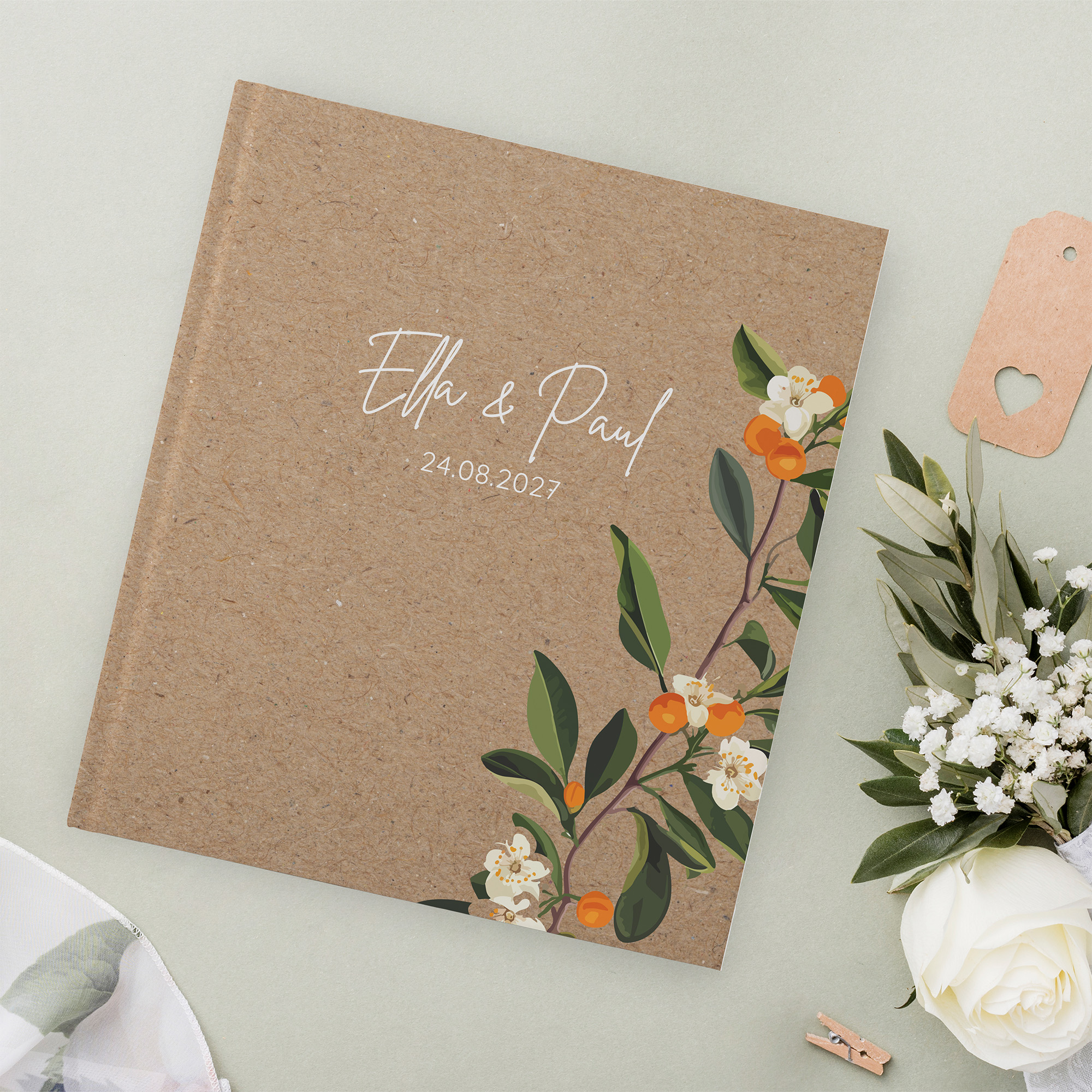 Erinnerungsbuch Hochzeit - Greenery "orange craft"